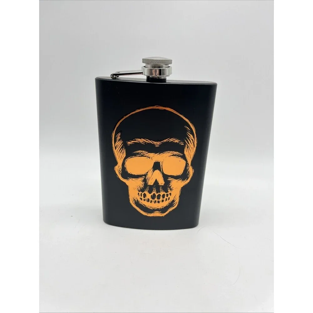 Matte Black 8 oz. Stainless Steel Hip Pocket Flask - Skull Design, New W/out Box